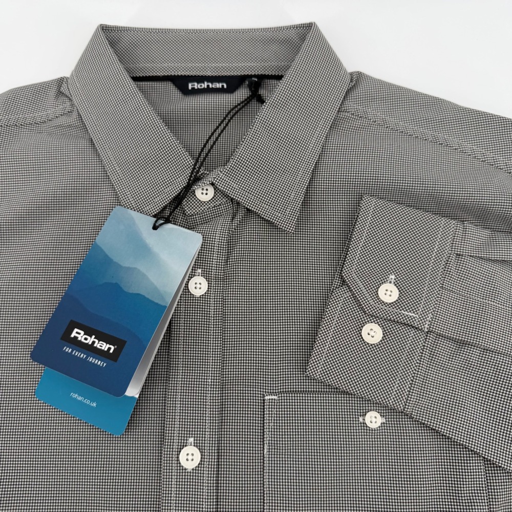 Rohan Shirt Mens Medium Charcoal Newtown Gingham Long Sleeve Technical Travel Ag